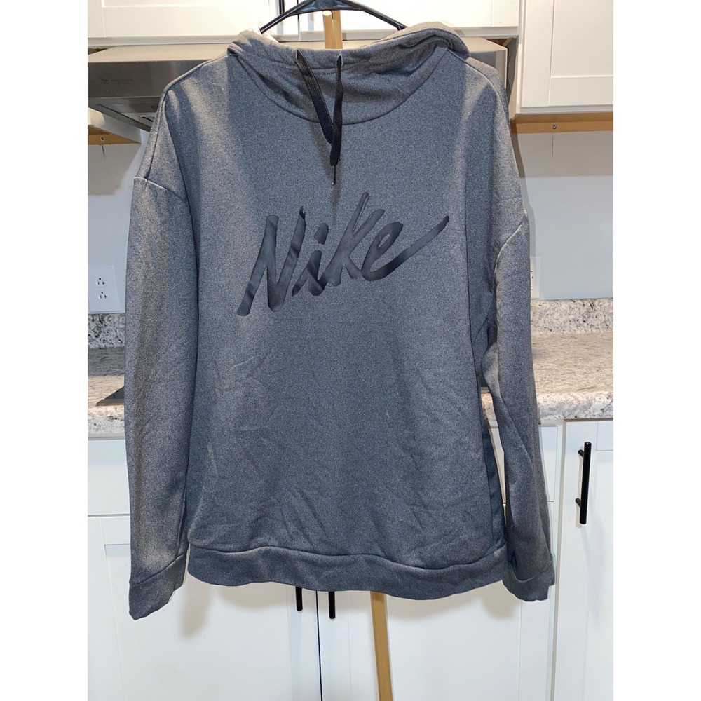 Nike Mens Therma-FIT Pullover Hoodie Gray Script Logo Fleece Sweatshirt Large